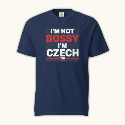 Men’s t-shirt with bold text “I’m Not Bossy I’m Czech” in Czech flag colors
