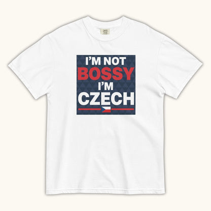 Men’s t-shirt with bold text “I’m Not Bossy I’m Czech” in Czech flag colors
