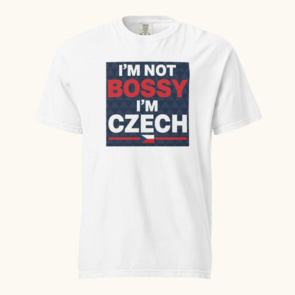 Men’s t-shirt with bold text “I’m Not Bossy I’m Czech” in Czech flag colors
