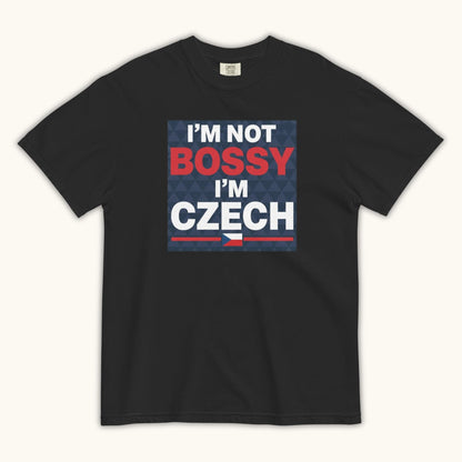 Men’s t-shirt with bold text “I’m Not Bossy I’m Czech” in Czech flag colors
