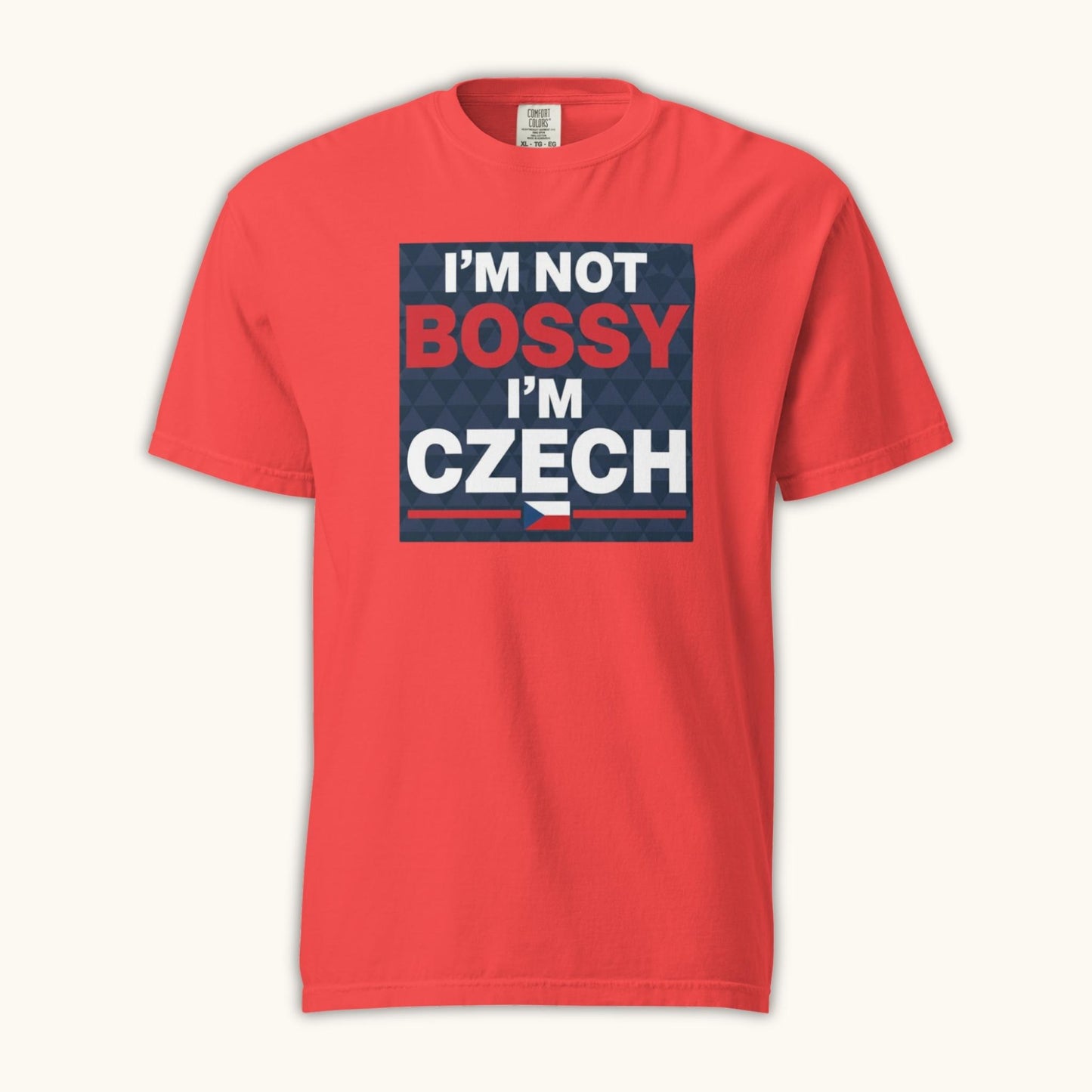 Men’s t-shirt with bold text “I’m Not Bossy I’m Czech” in Czech flag colors
