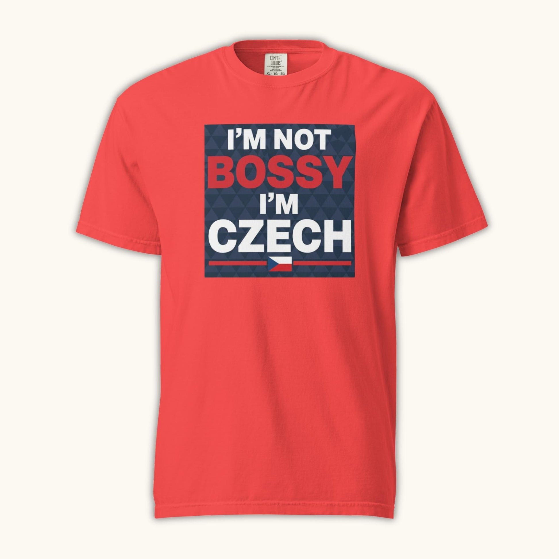 Men’s t-shirt with bold text “I’m Not Bossy I’m Czech” in Czech flag colors
