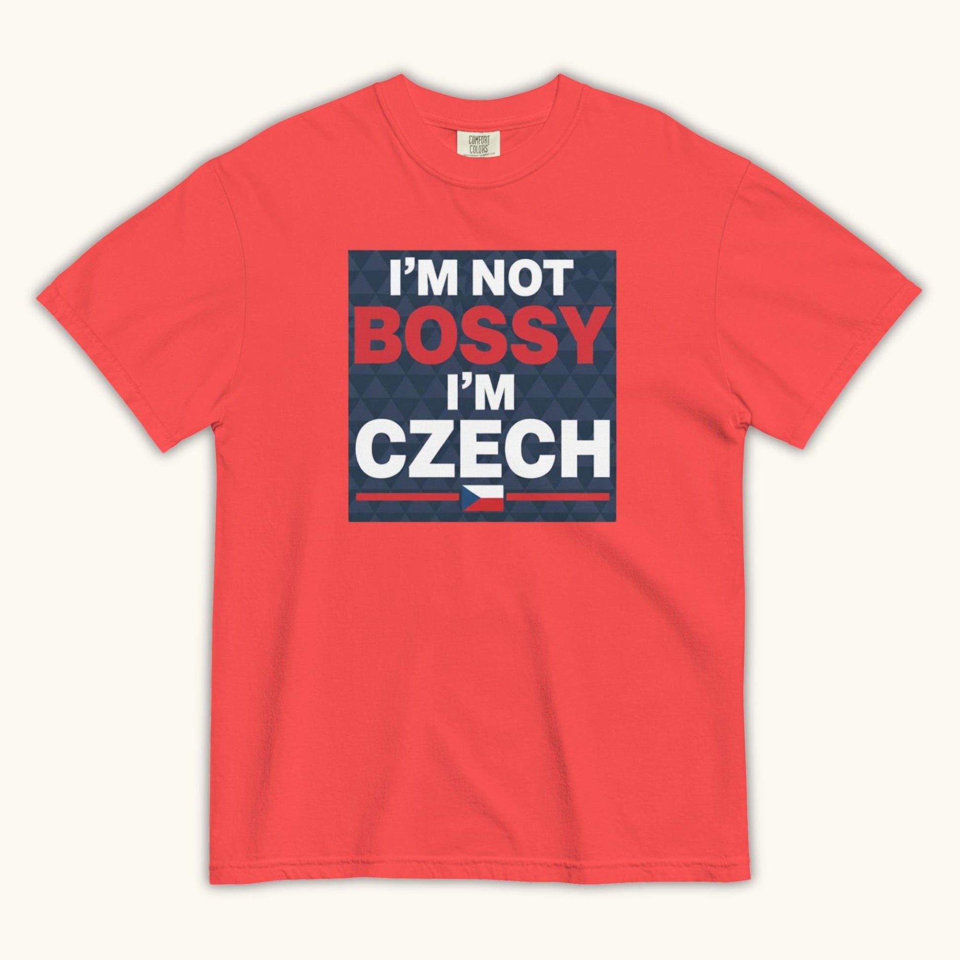Men’s t-shirt with bold text “I’m Not Bossy I’m Czech” in Czech flag colors
