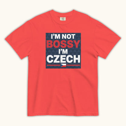 Men’s t-shirt with bold text “I’m Not Bossy I’m Czech” in Czech flag colors
