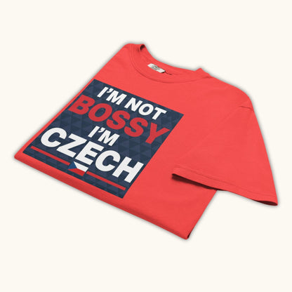 Men’s t-shirt with bold text “I’m Not Bossy I’m Czech” in Czech flag colors
