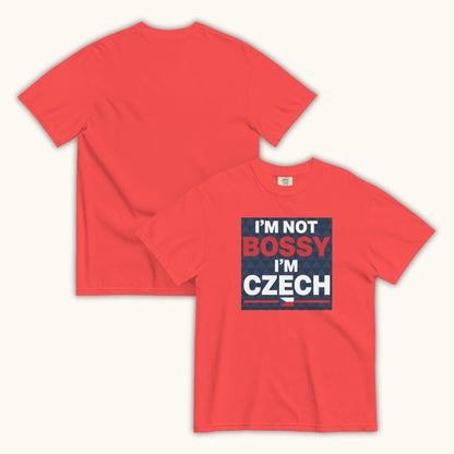Men’s t-shirt with bold text “I’m Not Bossy I’m Czech” in Czech flag colors
