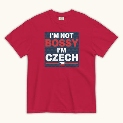Men’s t-shirt with bold text “I’m Not Bossy I’m Czech” in Czech flag colors
