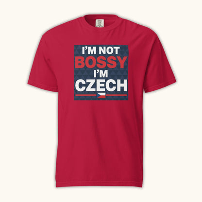 Men’s t-shirt with bold text “I’m Not Bossy I’m Czech” in Czech flag colors
