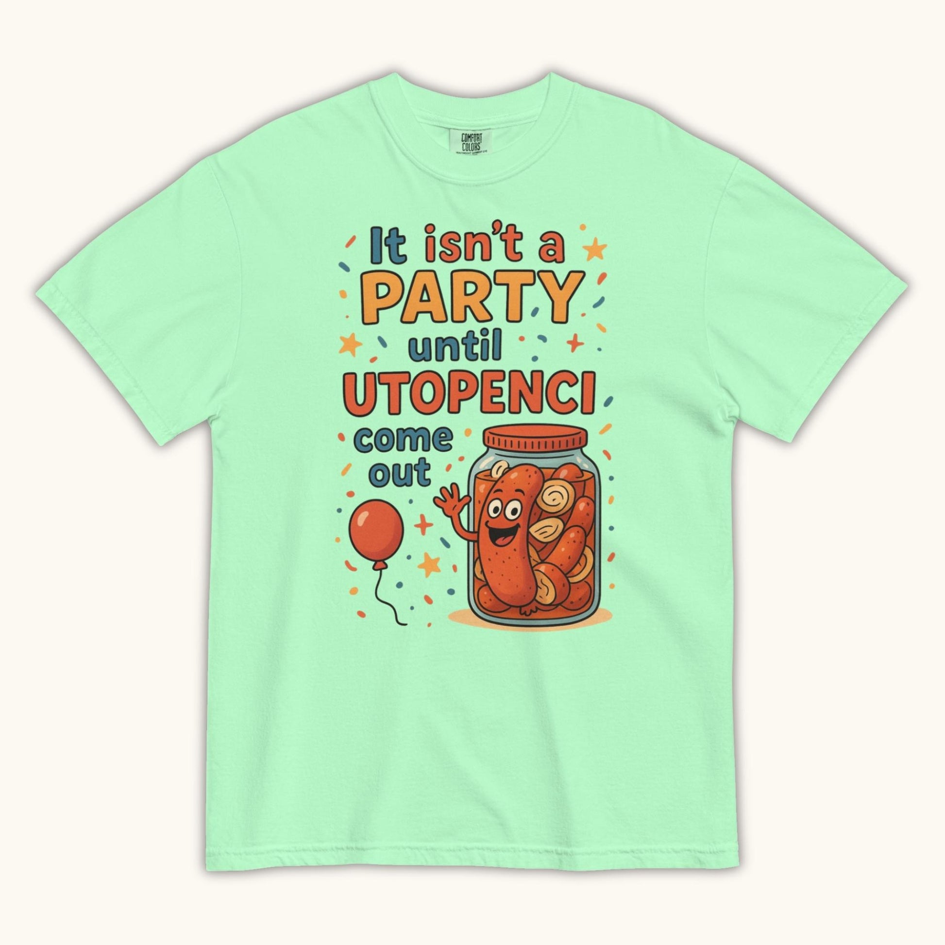 Funny Czech Utopenci party t-shirt with cartoon sausage jar design