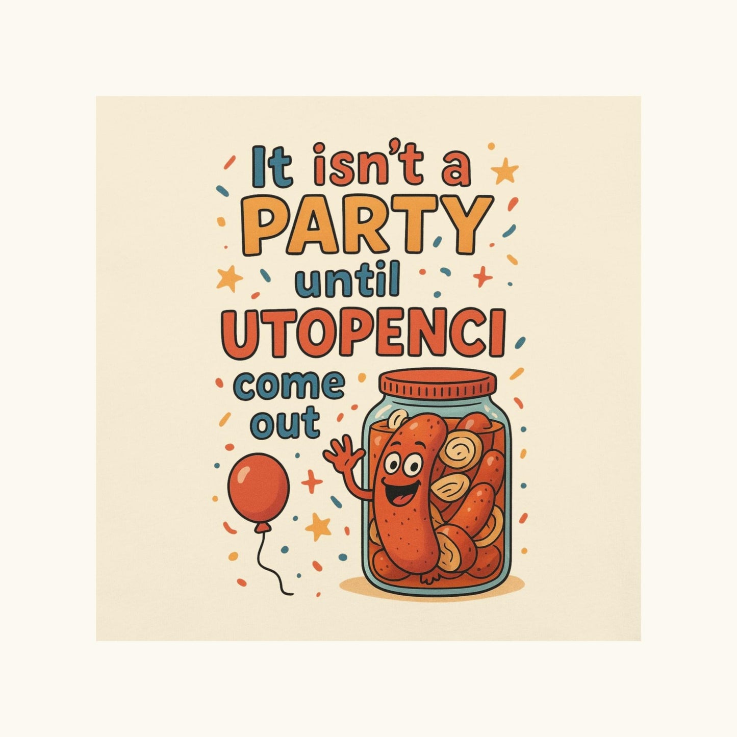 Funny Czech Utopenci party t-shirt with cartoon sausage jar design