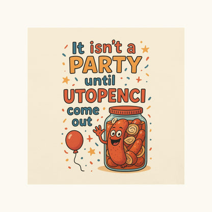 Funny Czech Utopenci party t-shirt with cartoon sausage jar design