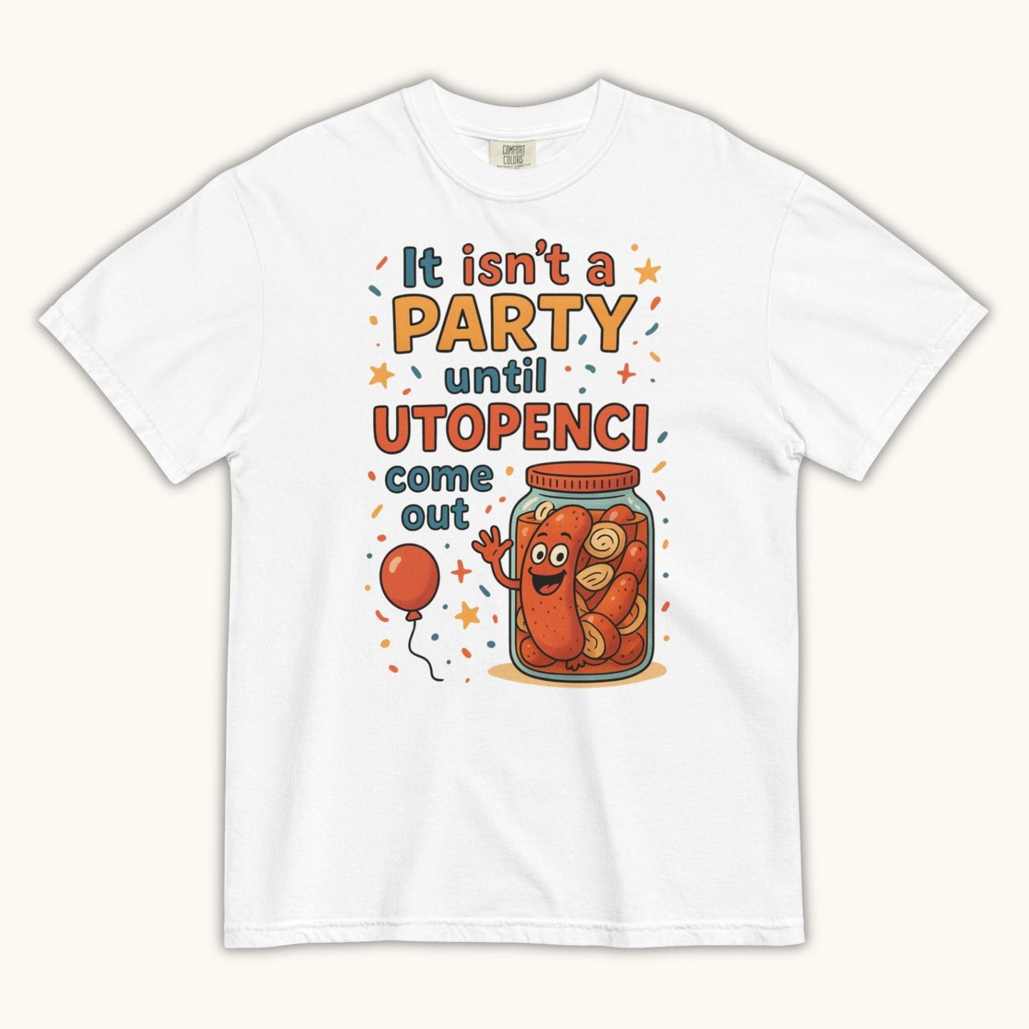 Funny Czech Utopenci party t-shirt with cartoon sausage jar design