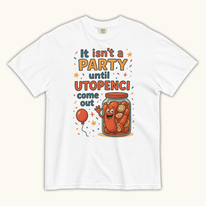 Funny Czech Utopenci party t-shirt with cartoon sausage jar design