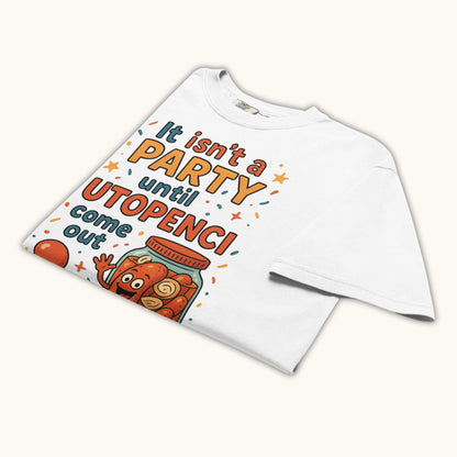 Funny Czech Utopenci party t-shirt with cartoon sausage jar design