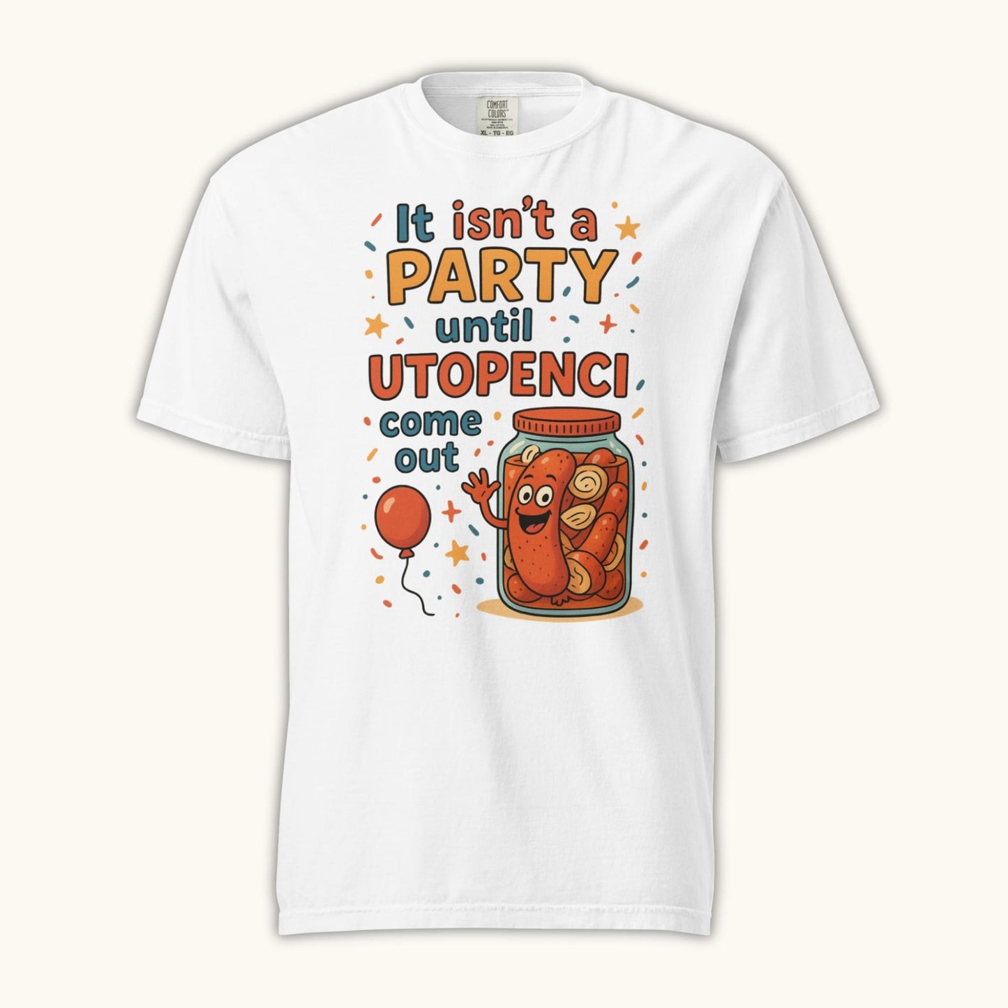 Funny Czech Utopenci party t-shirt with cartoon sausage jar design