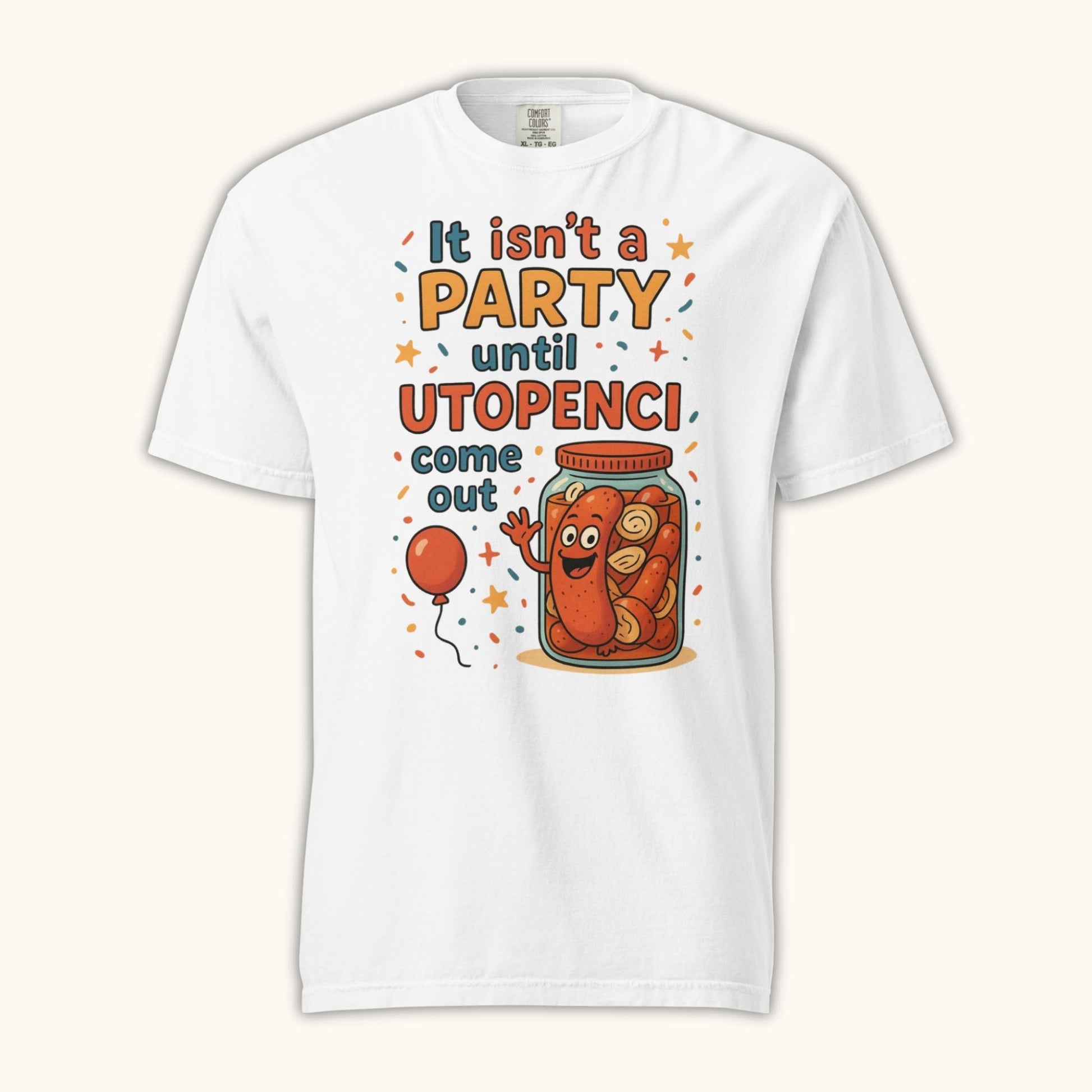 Funny Czech Utopenci party t-shirt with cartoon sausage jar design