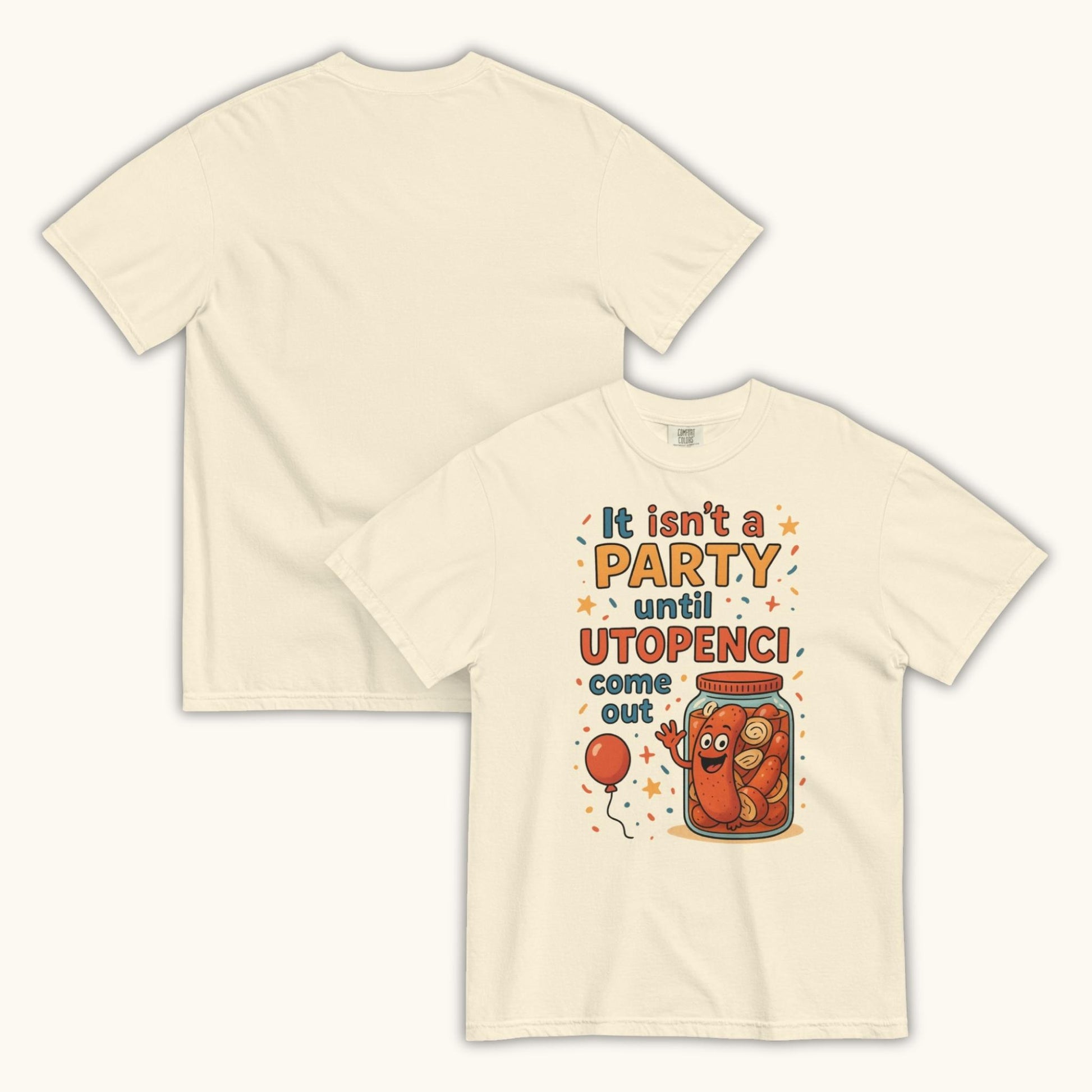 Funny Czech Utopenci party t-shirt with cartoon sausage jar design