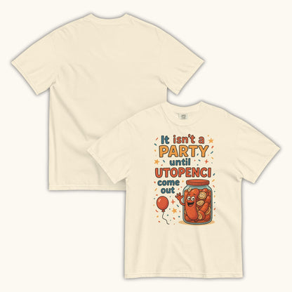 Funny Czech Utopenci party t-shirt with cartoon sausage jar design