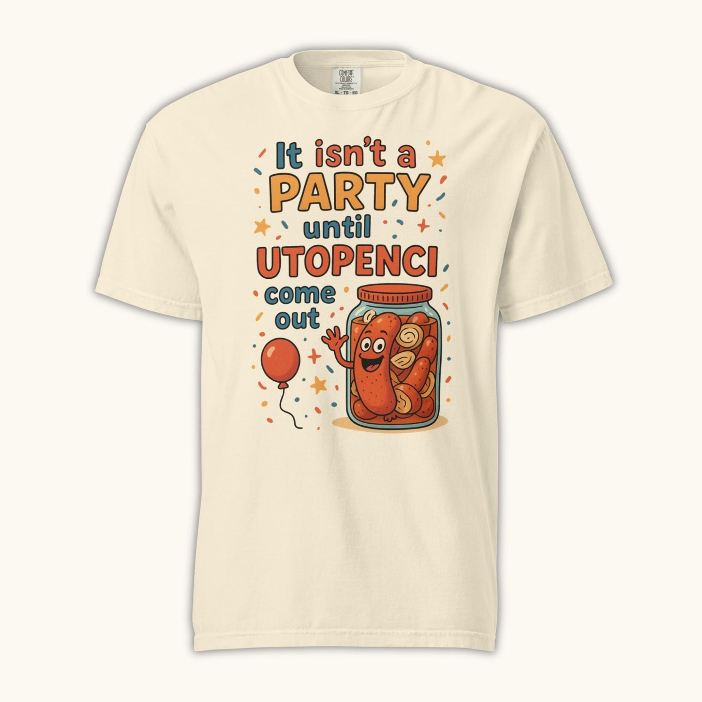 Funny Czech Utopenci party t-shirt with cartoon sausage jar design