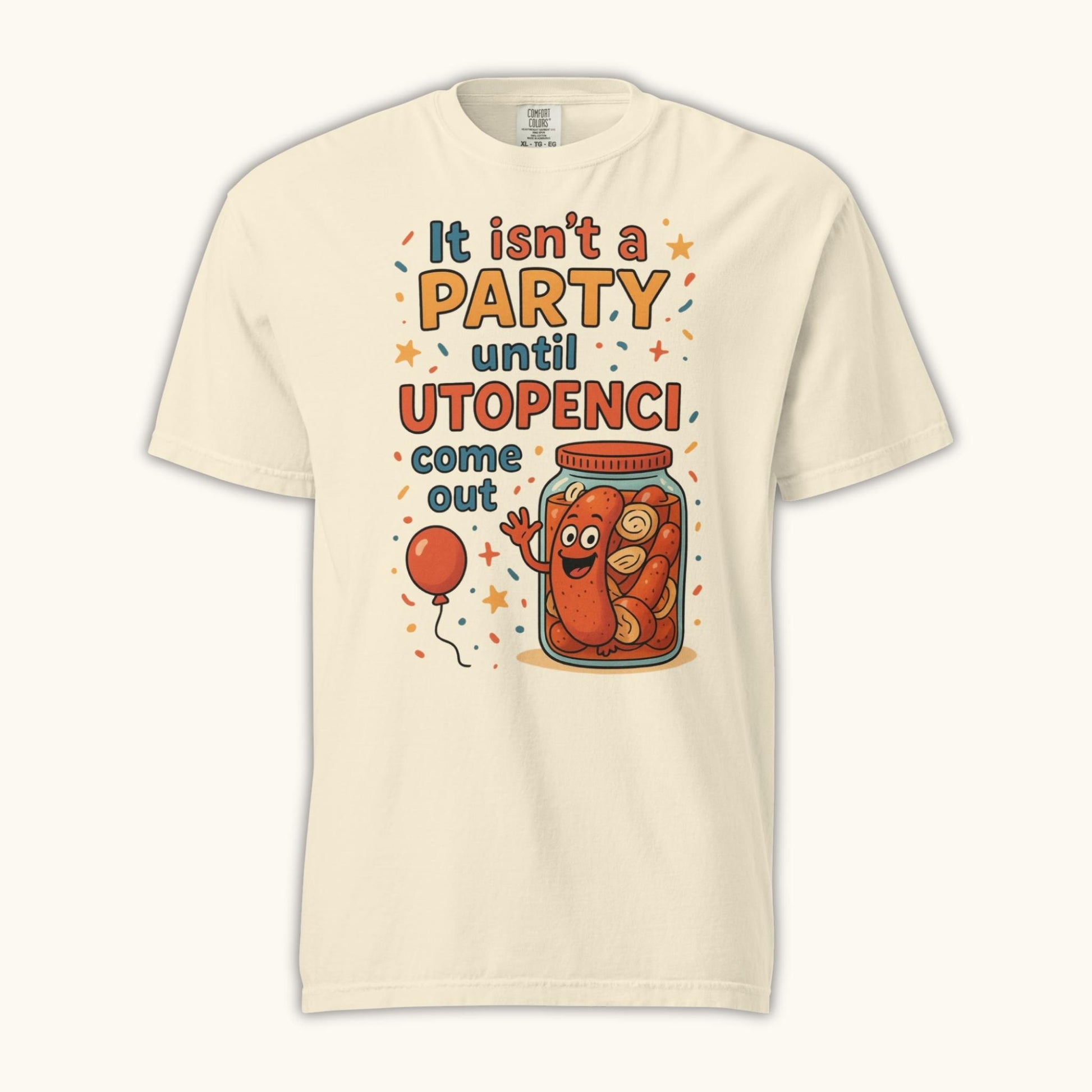 Funny Czech Utopenci party t-shirt with cartoon sausage jar design