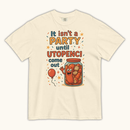 Funny Czech Utopenci party t-shirt with cartoon sausage jar design