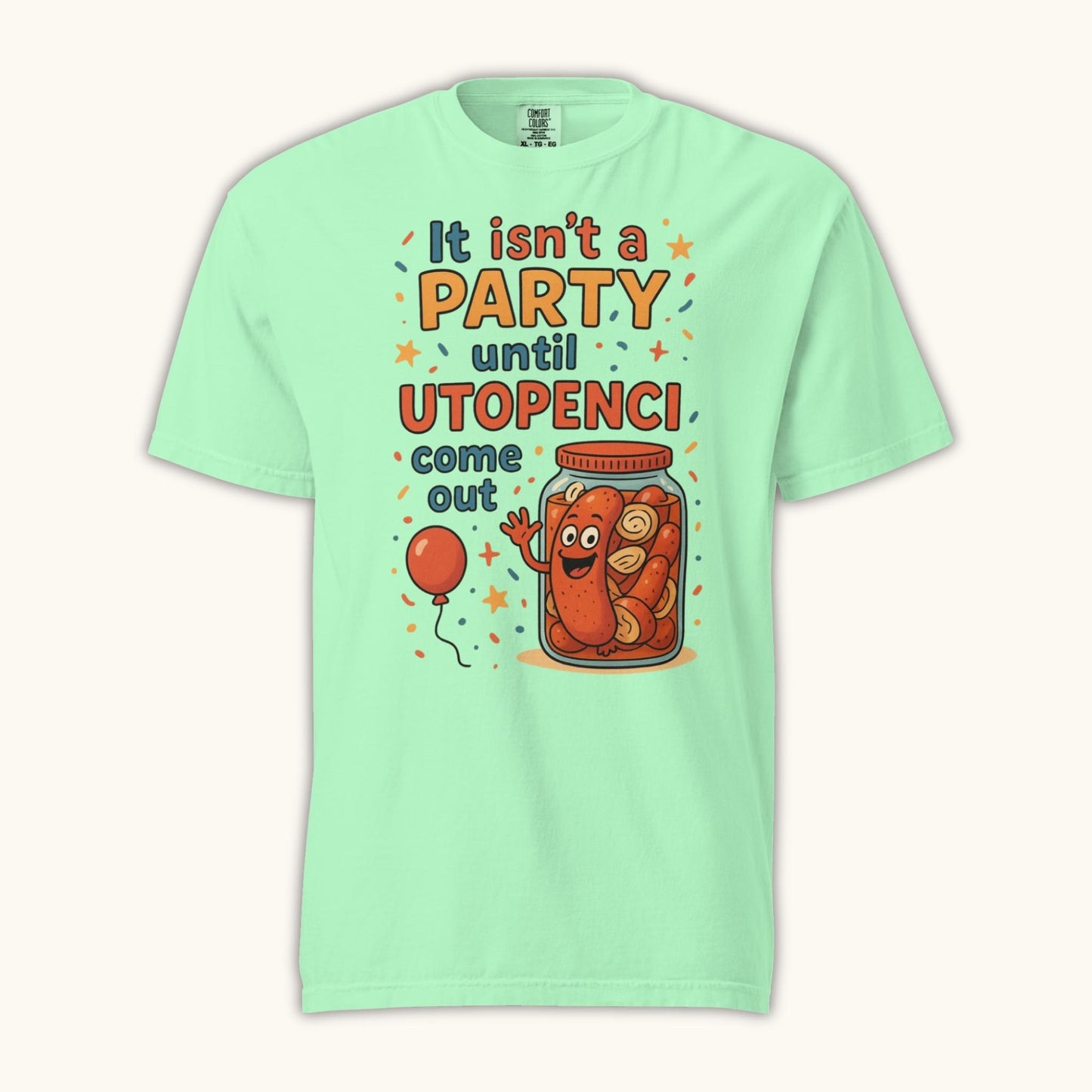 Funny Czech Utopenci party t-shirt with cartoon sausage jar design