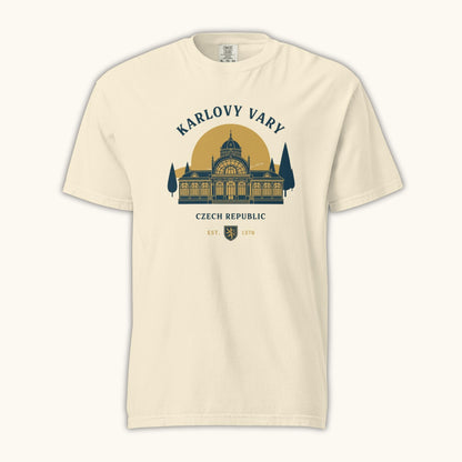 Unisex Czech travel t-shirt with Karlovy Vary landmark graphic