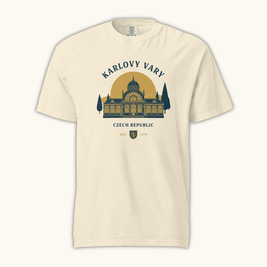 Unisex Czech travel t-shirt with Karlovy Vary landmark graphic