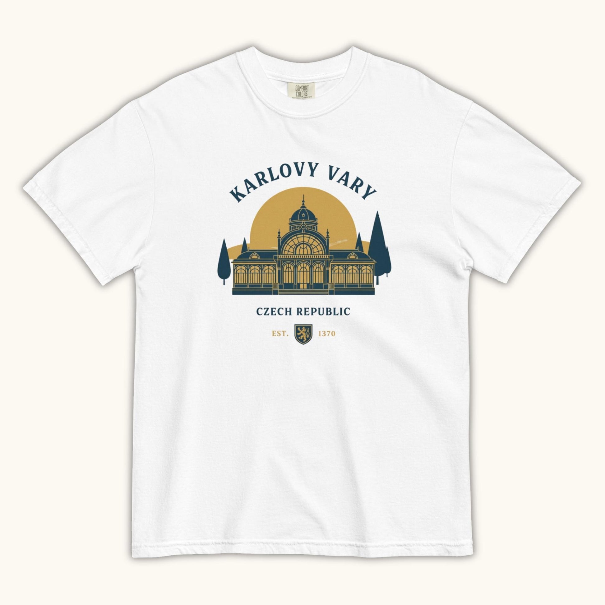 Unisex Czech travel t-shirt with Karlovy Vary landmark graphic