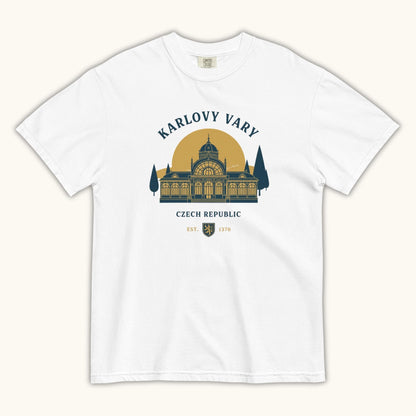 Unisex Czech travel t-shirt with Karlovy Vary landmark graphic