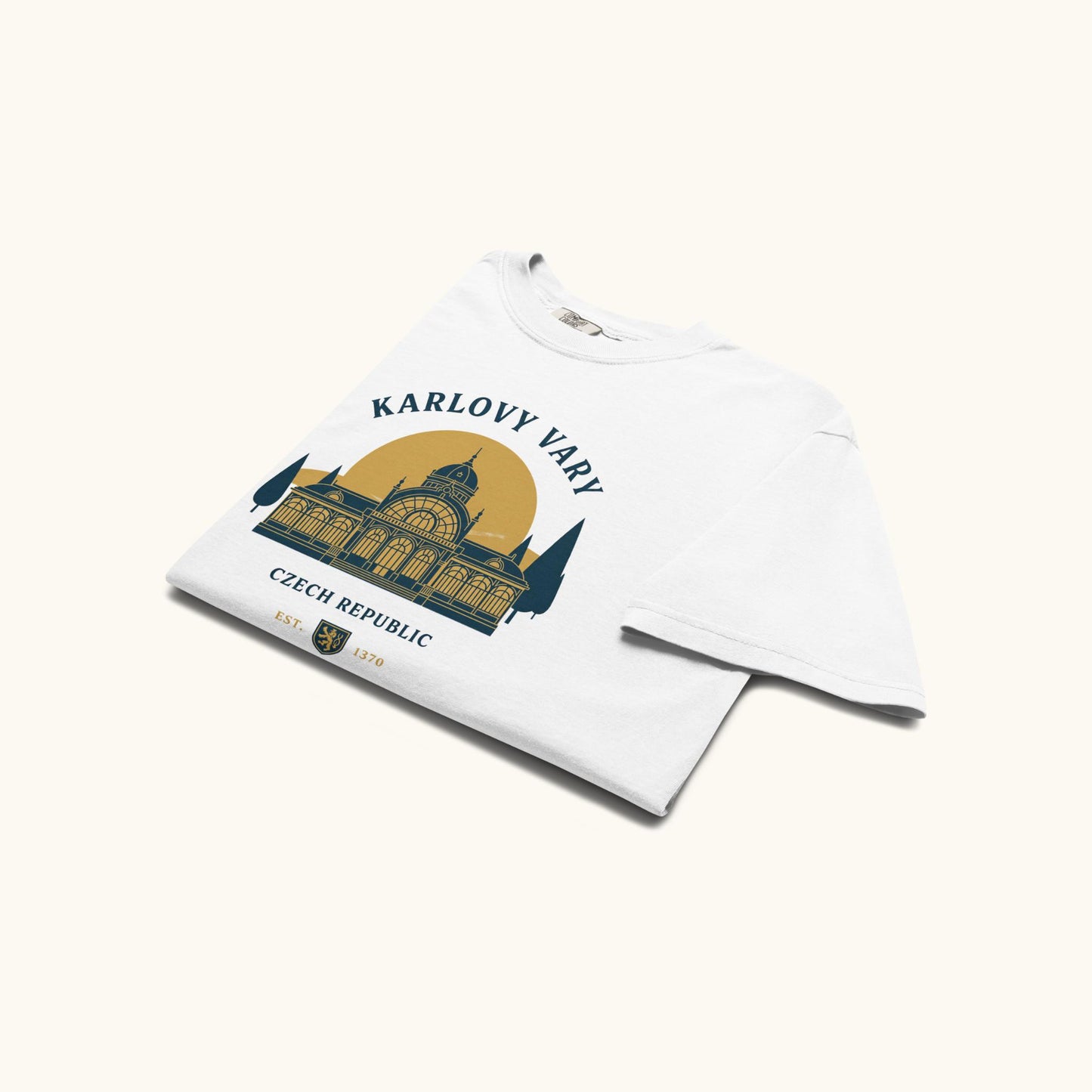 Unisex Czech travel t-shirt with Karlovy Vary landmark graphic