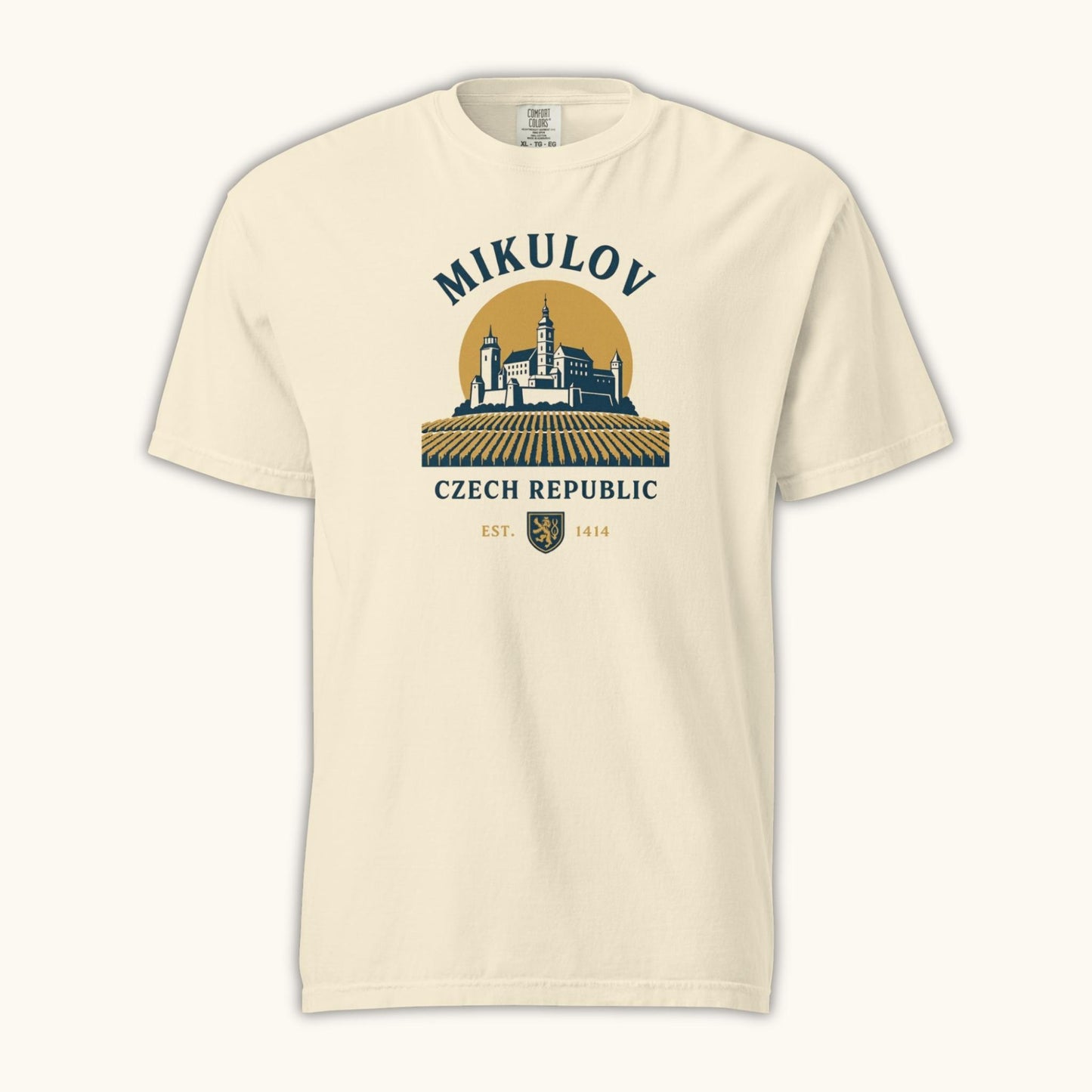Mikulov Czech Republic t-shirt with illustration of Mikulov Castle and vineyards in South Moravia.
