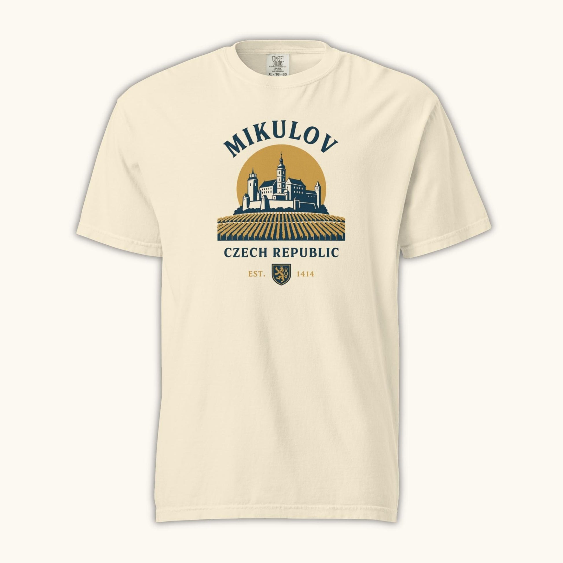 Mikulov Czech Republic t-shirt with illustration of Mikulov Castle and vineyards in South Moravia.
