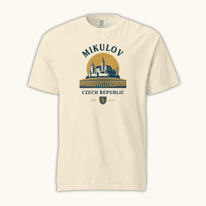 Mikulov Czech Republic t-shirt with illustration of Mikulov Castle and vineyards in South Moravia.
