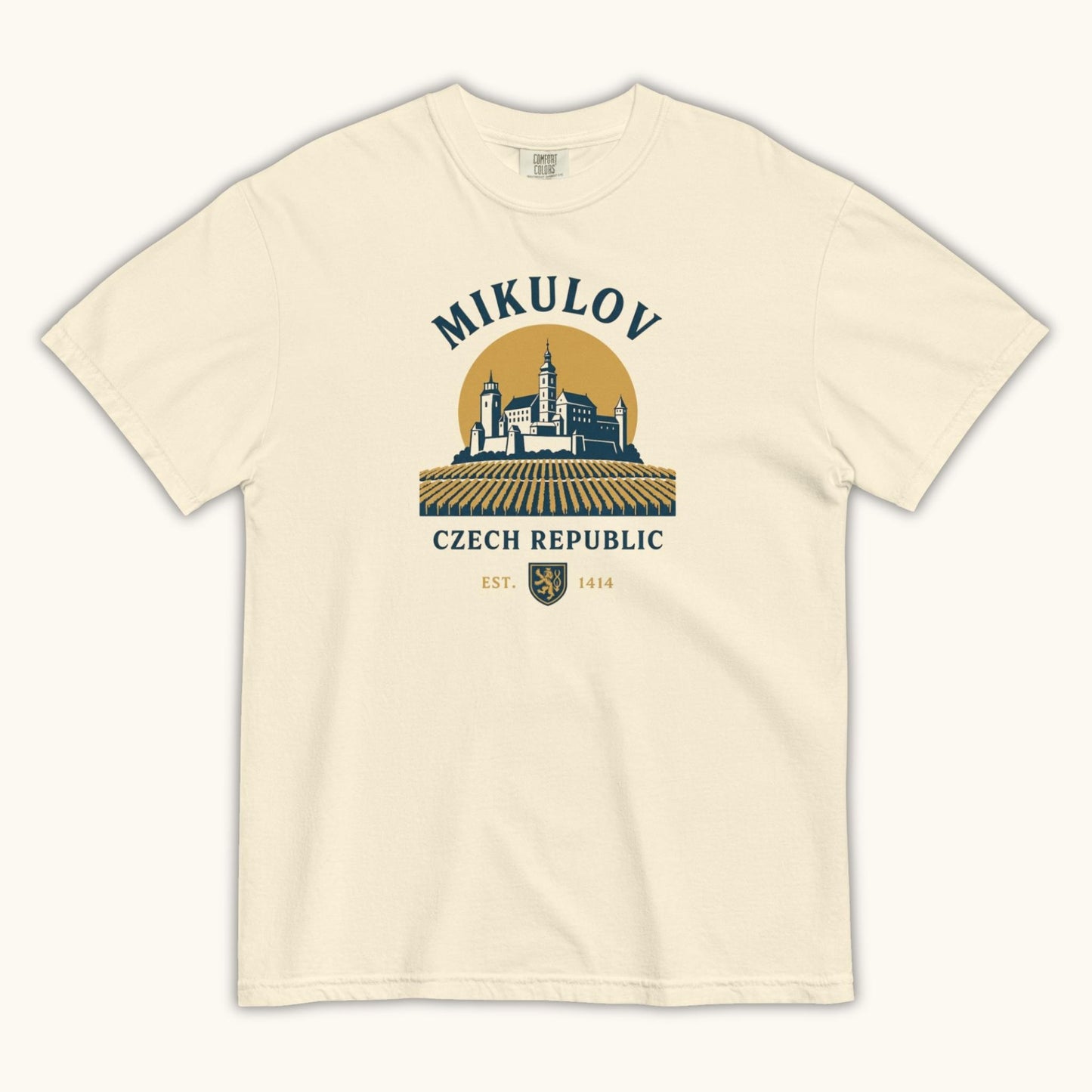 Mikulov Czech Republic t-shirt with illustration of Mikulov Castle and vineyards in South Moravia.
