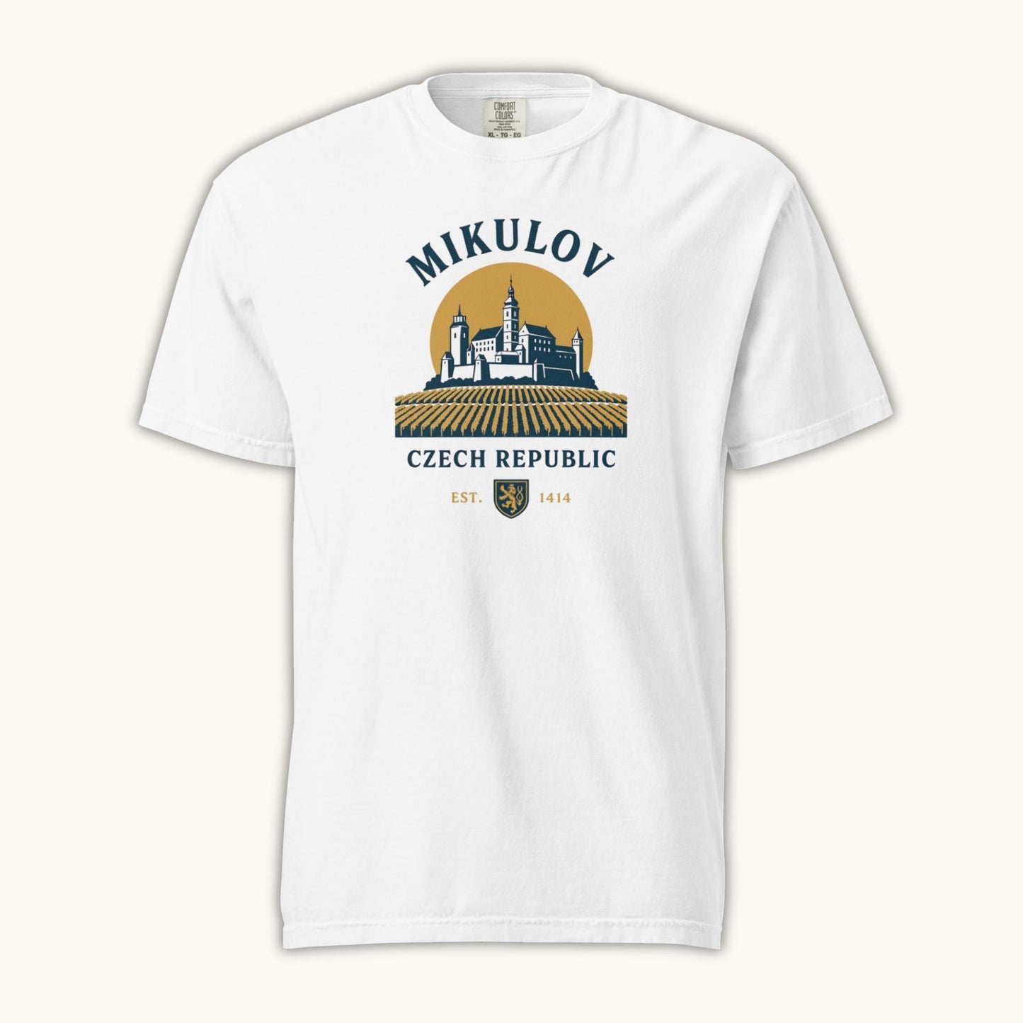 Mikulov Czech Republic t-shirt with illustration of Mikulov Castle and vineyards in South Moravia.

