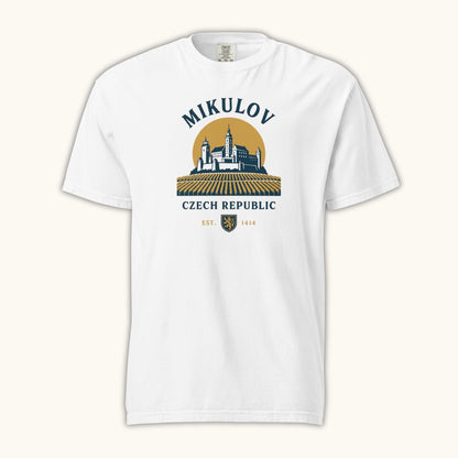 Mikulov Czech Republic t-shirt with illustration of Mikulov Castle and vineyards in South Moravia.
