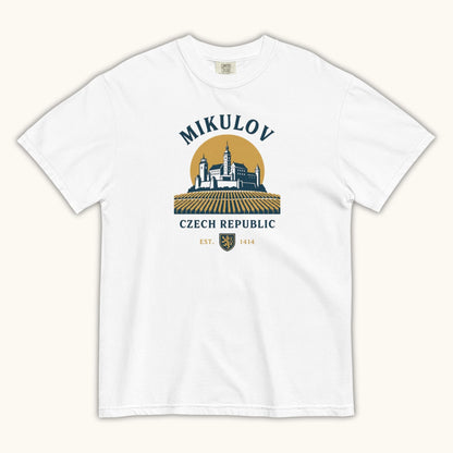 Mikulov Czech Republic t-shirt with illustration of Mikulov Castle and vineyards in South Moravia.
