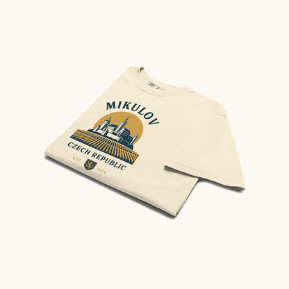 Mikulov Czech Republic t-shirt with illustration of Mikulov Castle and vineyards in South Moravia.
