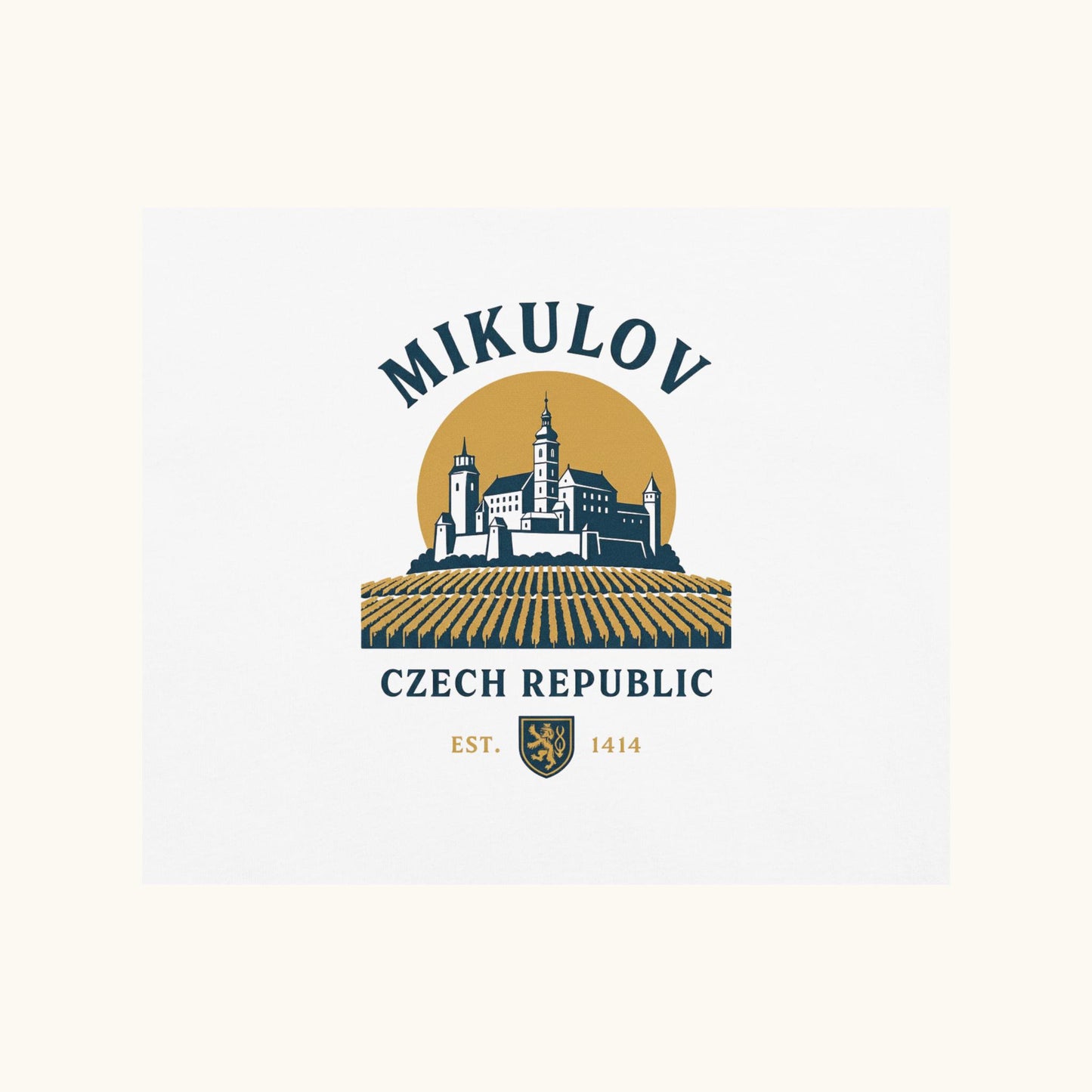 Mikulov Czech Republic t-shirt with illustration of Mikulov Castle and vineyards in South Moravia.
