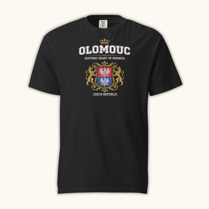 Unisex t-shirt with Olomouc Historic Heart of Moravia crest and golden lions design
