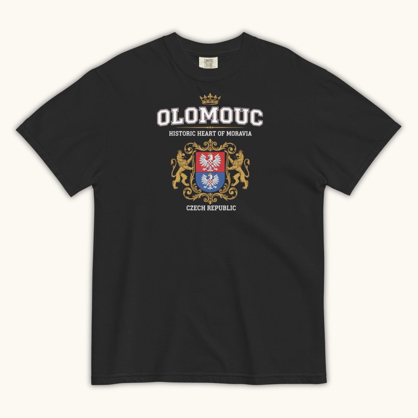 Unisex t-shirt with Olomouc Historic Heart of Moravia crest and golden lions design
