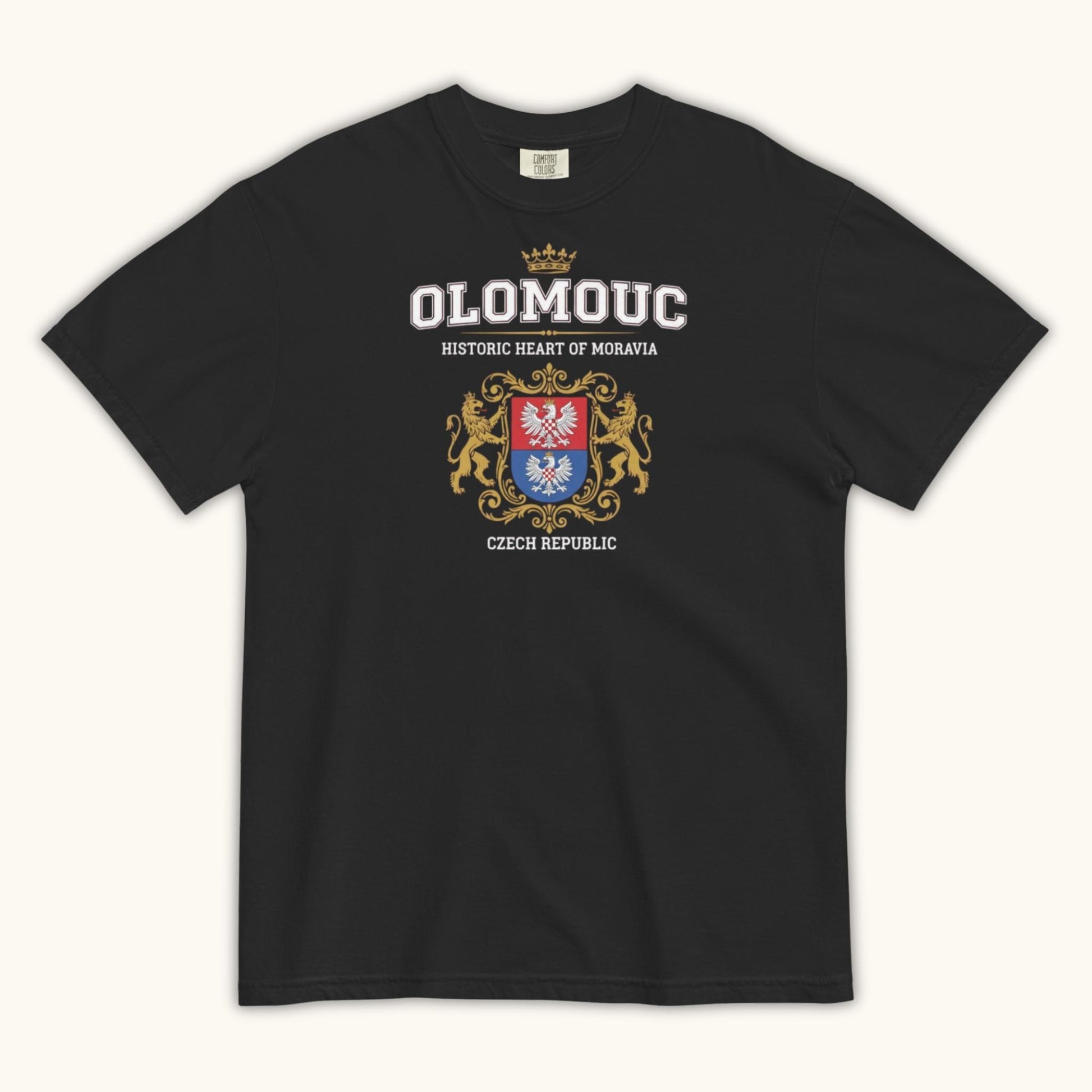 Unisex t-shirt with Olomouc Historic Heart of Moravia crest and golden lions design
