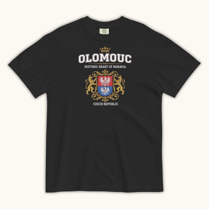 Unisex t-shirt with Olomouc Historic Heart of Moravia crest and golden lions design

