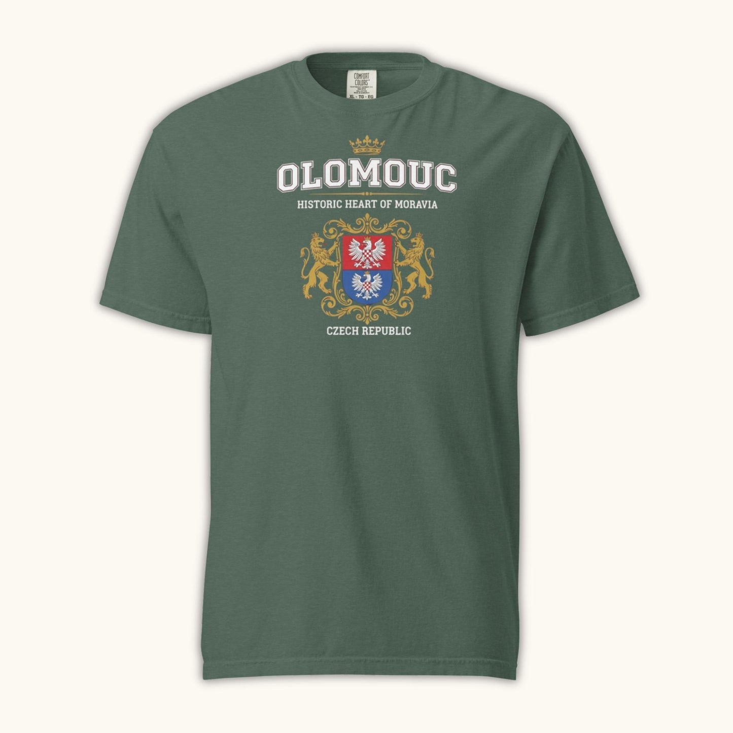 Unisex t-shirt with Olomouc Historic Heart of Moravia crest and golden lions design
