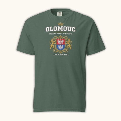 Unisex t-shirt with Olomouc Historic Heart of Moravia crest and golden lions design
