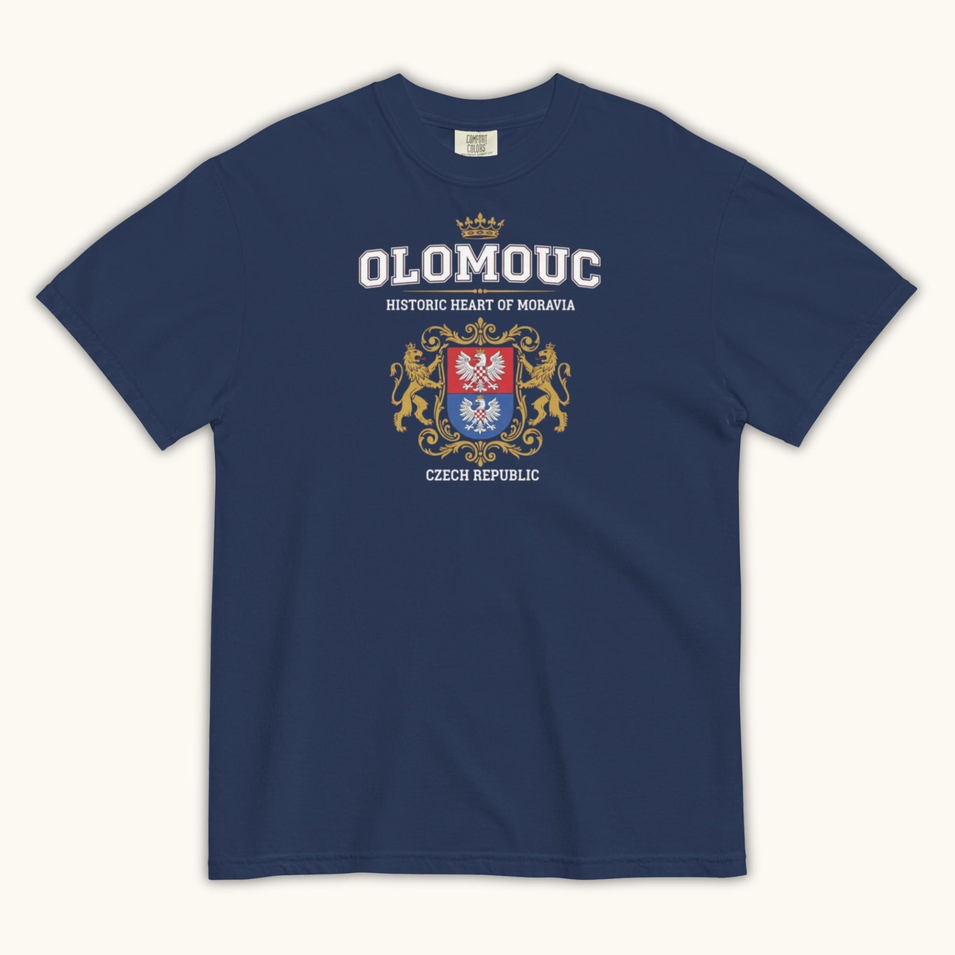 Unisex t-shirt with Olomouc Historic Heart of Moravia crest and golden lions design
