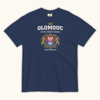 Unisex t-shirt with Olomouc Historic Heart of Moravia crest and golden lions design
