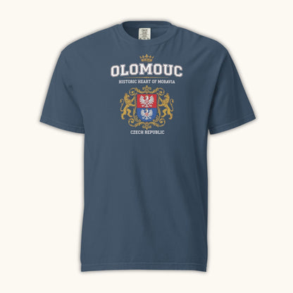 Unisex t-shirt with Olomouc Historic Heart of Moravia crest and golden lions design
