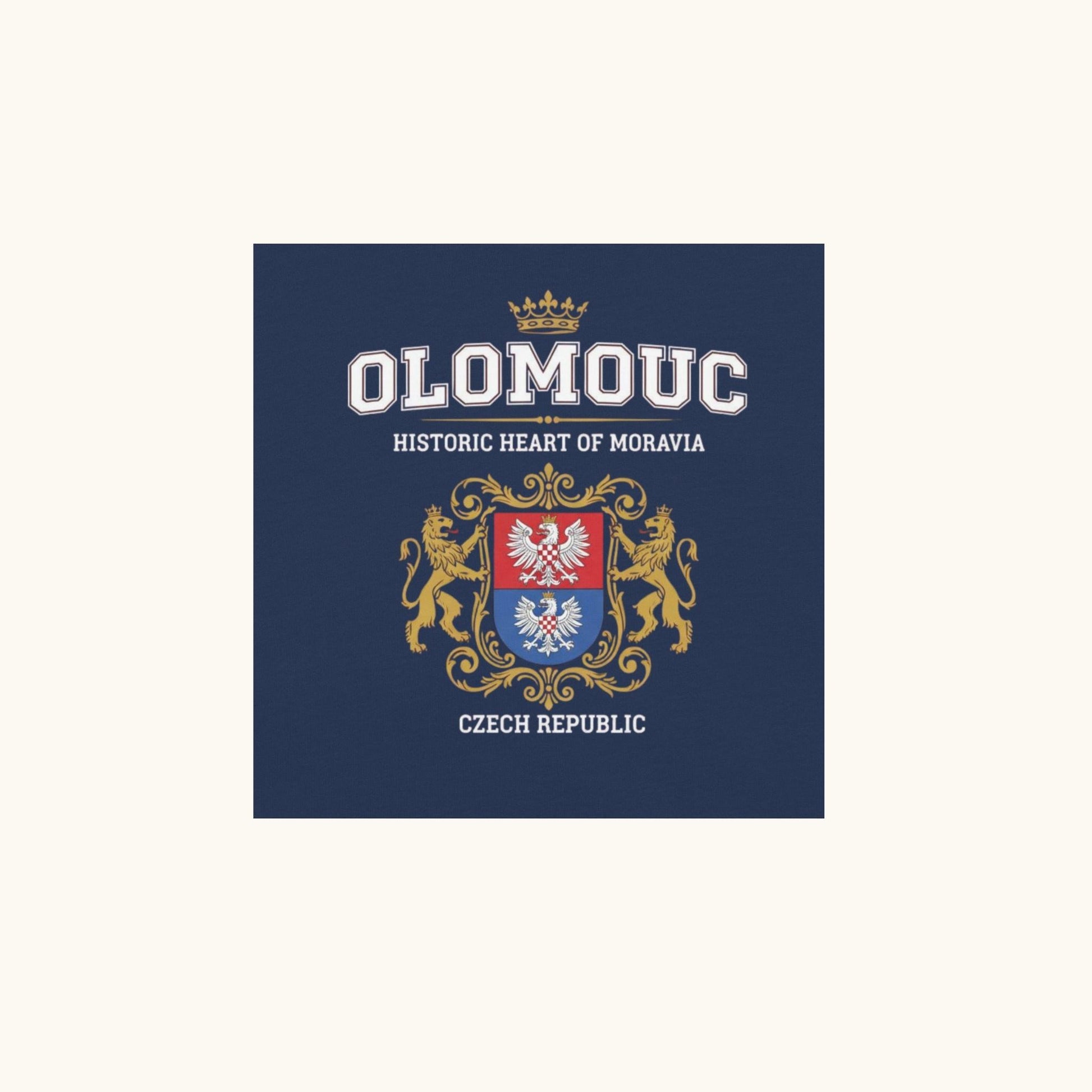 Unisex t-shirt with Olomouc Historic Heart of Moravia crest and golden lions design
